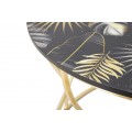Art deco okr&uacute;hly zlat&yacute; kovov&yacute; konferenčn&yacute; stol&iacute;k Arina s vrchnou čiernou drevenou doskou s listov&yacute;m zelen&yacute;m mot&iacute;vom 70 cm