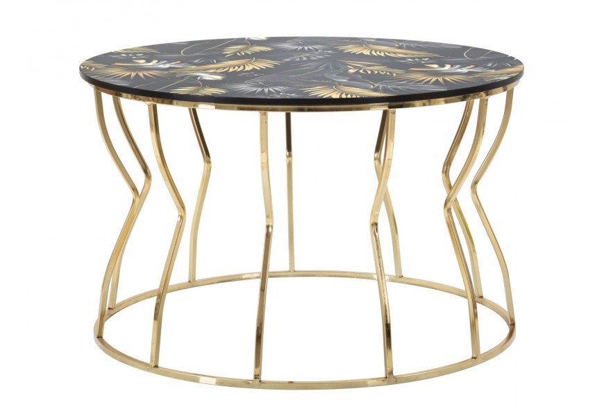 Art deco okr&uacute;hly zlat&yacute; kovov&yacute; konferenčn&yacute; stol&iacute;k Arina s vrchnou čiernou drevenou doskou s listov&yacute;m zelen&yacute;m mot&iacute;vom 70 cm
