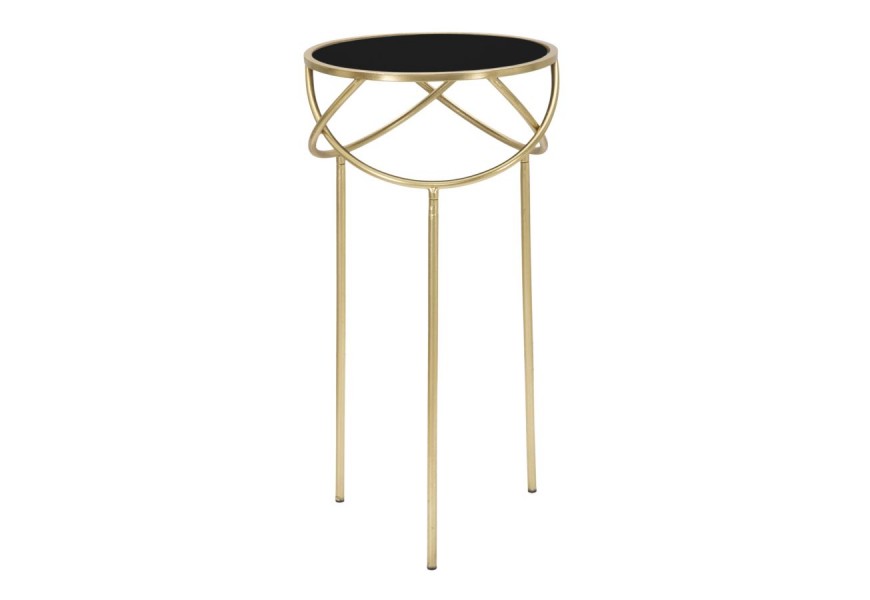 Glamour príručný stolík Alisia v okrúhlom tvare z kovu v zlatej farbe s vrchnou doskou v čiernej farbe zo skla s ohnutými tyčami vo vrchnej časti a s tromi nohami