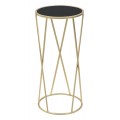 Glamour príručný stolík Lery s nohou s prekríženými tyčami v zlatej farbe z kovu s vrchnou doskou zo skla v okrúhlom tvare v čiernej nepriehľadnej farbe vystužený s MDF dyhou