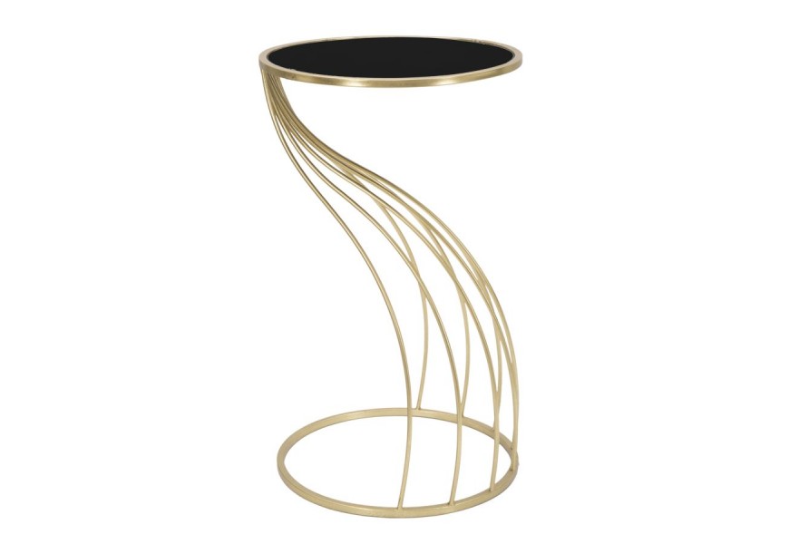 Art deco okrúhly zlatý príručný stolík Naselam s kovovými ohnutými prútmi a vrchnou čiernou sklenenou doskou 73 cm