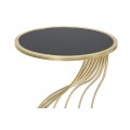 Art deco zlatý okrúhly príručný stolík Naselam s ohnutými kovovými tyčami s vrchnou sklenenou čiernou doskou 60 cm