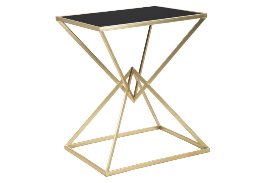 Sklenený art deco príručný stolík Triangolo Oro s obdĺžnikovou vrchnou doskou z čierneho skla a dizajnovou kovovou podstavou v zlatej farbe v tvare dvoch prelínajúcich sa pyramíd