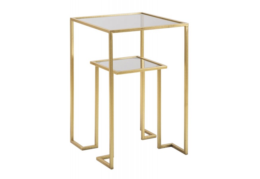 Glamour dvojitý príručný stolík Damin v štvorcovom tvare s dvomi doskami zo skla s konštrukciou z kovu v zlatej farbe