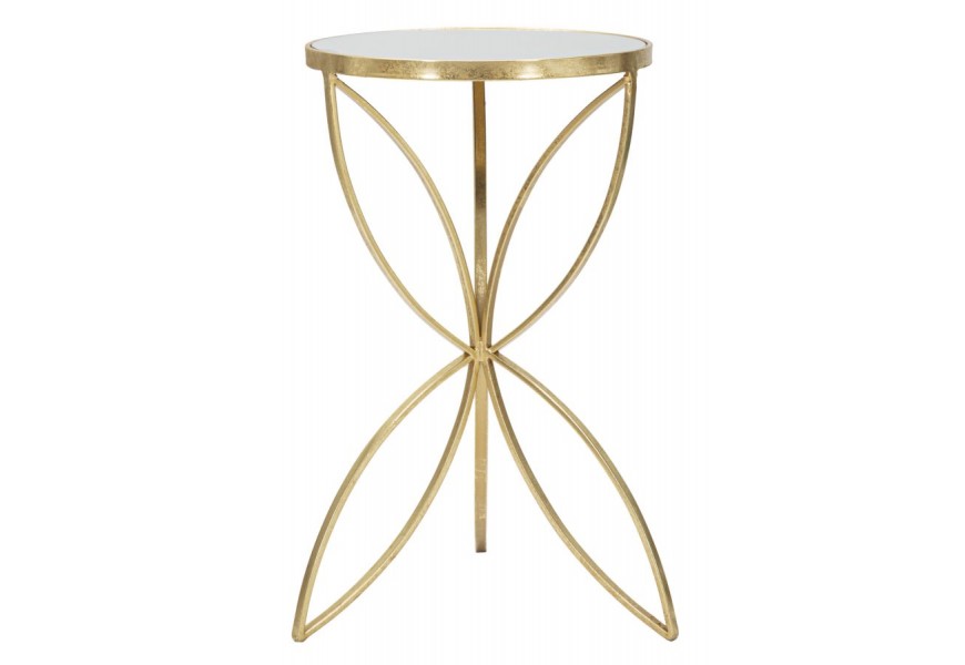 Glamour príručný stolík Kolan s geometrickou nohou s motýlim motívom z kovu v zlatej farbe s vrchnou doskou v okrúhlom tvare so zrkadlom
