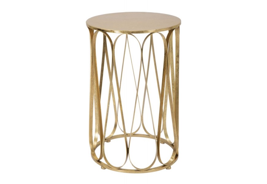 Glamour príručný stolík Lenia z kovu v zlatej farbe s nohou z plochých ohýbaných tyčí vo vlnitej štruktúre v okrúhlom tvare