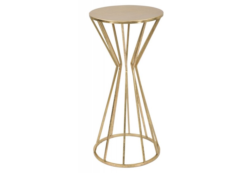 Glamour príručný stolík Clons v okrúhlom tvare z kovu v zlatej farbe v tvare presýpacích hodín s nohou so zalomenými tyčami