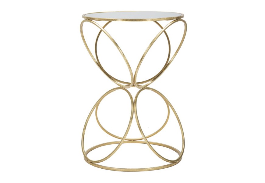 Art deco kovov&yacute; zlat&yacute; geometrick&yacute; pr&iacute;ručn&yacute; stol&iacute;k Kelly v okr&uacute;hlom tvare s vrchnou doskou so zrkadlom 61 cm