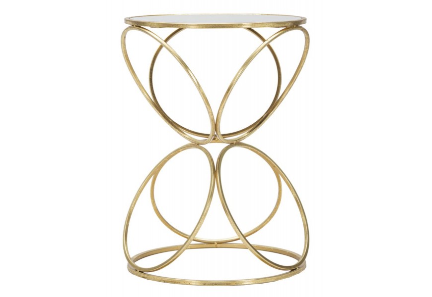 Glamour príručný stolík Kelly s nohou z kovu v zlatý farbe z geometrických elipsových tvarov s vrchnou doskou v okrúhlom tvare so zrkadlom v zlatej farbe