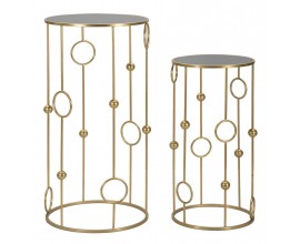 Art deco okrúhly set dvoch kovových zlatých príručných stolíkov Circle s kruhovými detailmi s vrchnou zrkadlovou doskou 100 cm