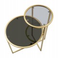 Art deco okrúhly kovový zlatý dvojitý príručný stolík Dobles s dvomi sklenenými vrchnými tmavými doskami 60 cm