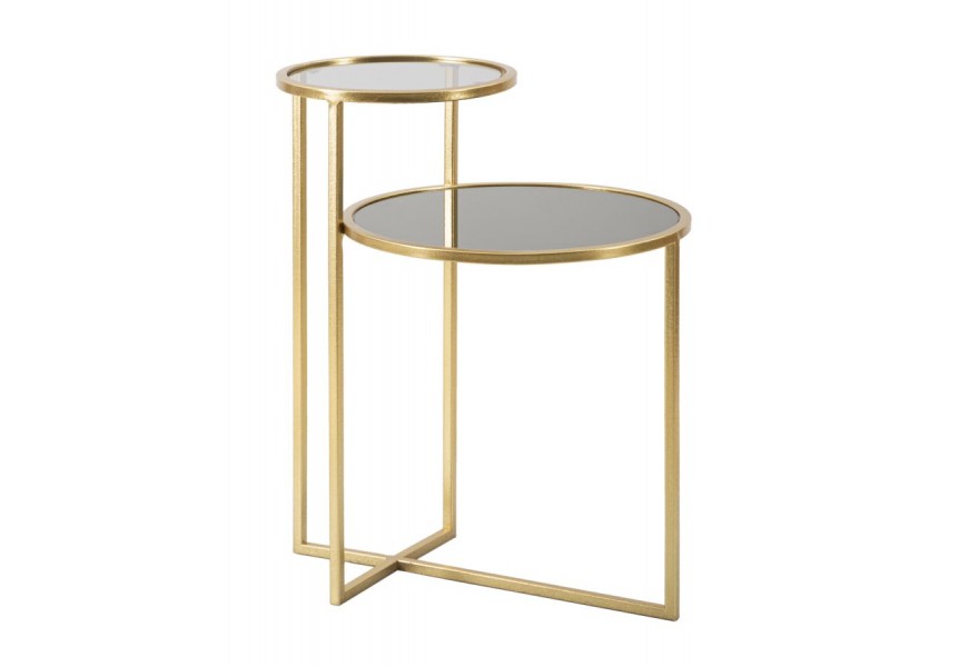 Glamour dvojitý príručný stolík Dobles s konštrukciou z kovu v zlatej farbe s vrchnými doskami zo skla v tmavej farbe