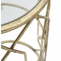 Art Deco príručný stolík Celestia s kovovou konštrukciou a sklenenými doskami v zlatej farbe a geometrickým dizajnom 71 cm
