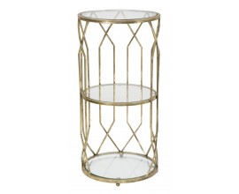 Art Deco príručný stolík Celestia s kovovou konštrukciou a sklenenými doskami v zlatej farbe a geometrickým dizajnom 71 cm