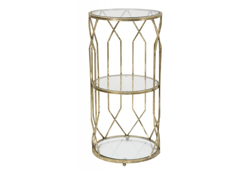 Glamour príručný stolík Celestia s kovovou konštrukciou a sklenenými doskami v zlatej farbe s geometrickým dizajnom