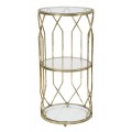 Glamour príručný stolík Celestia s kovovou konštrukciou a sklenenými doskami v zlatej farbe s geometrickým dizajnom
