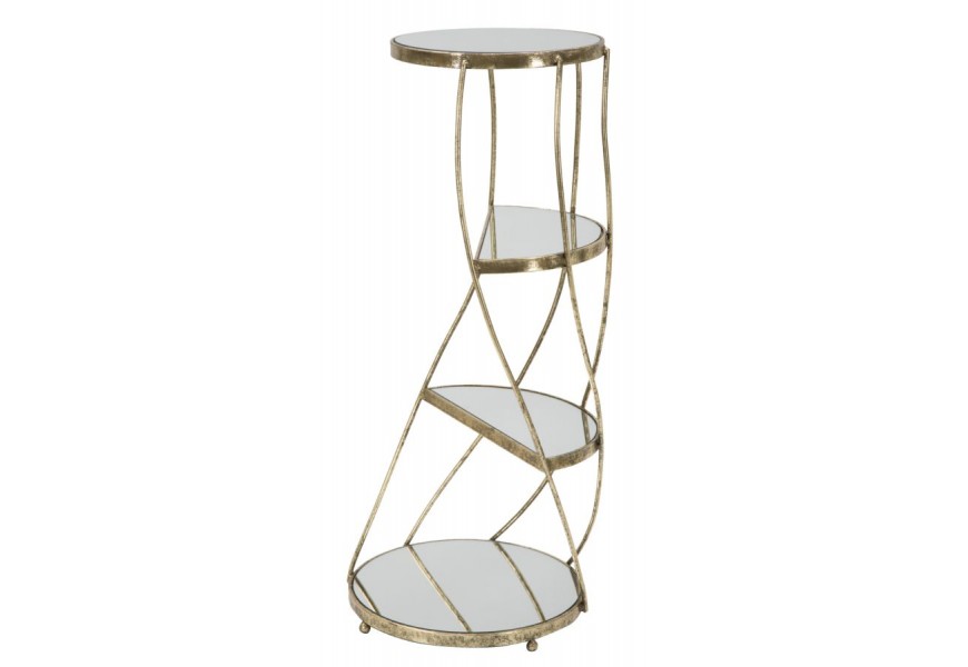 Art deco príručný stolík Celestia s okrúhlou vrchnou doskou zo zrkadlového skla a tromi policami so zlatou konštrukciou  86 cm