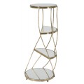 Art deco príručný stolík Celestia s okrúhlou vrchnou doskou zo zrkadlového skla a tromi policami so zlatou konštrukciou  86 cm