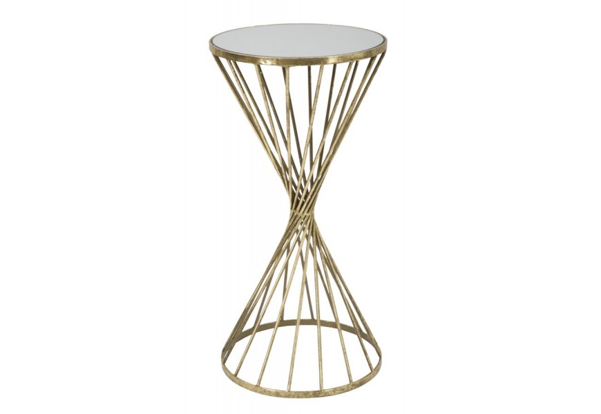 Glamour príručný stolík Elizia s okrúhlou zrkadlovou doskou a špirálovým dizajnom zlatej kovovej konštrukcie