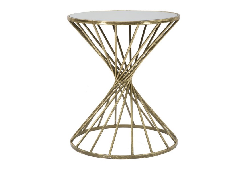 Glamour príručný stolík Elizia s okrúhlou zrkadlovou doskou a špirálovým dizajnom zlatej kovovej konštrukcie