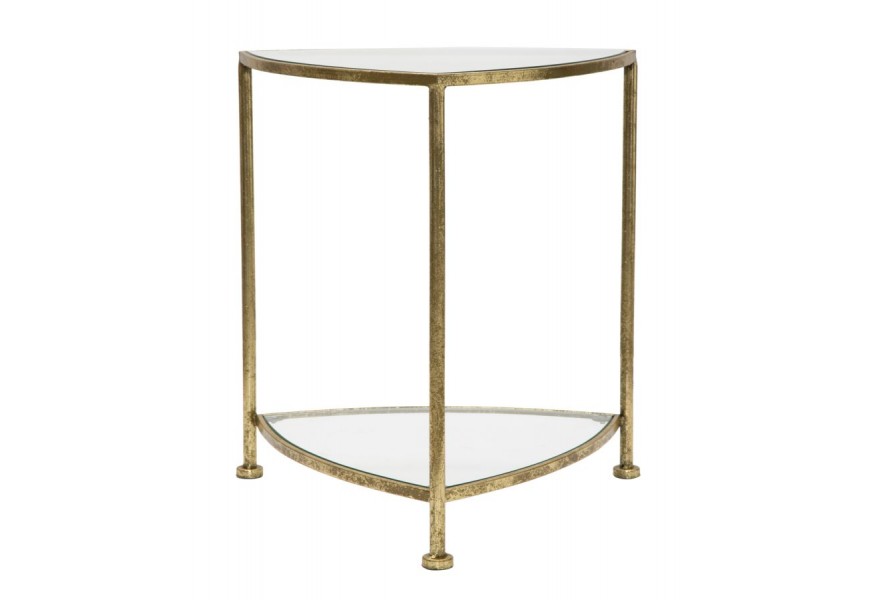 Glamour príručný stolík Vesper s kovovou konštrukciou v zlatej farbe a sklenenou poličkou v tvare trojuholníka