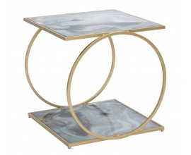 Art deco príručný stolík Aurelio s obdĺžnikovou vrchnou doskou a zlatou kovovou konštrukciou so sklenenou poličkou 51 cm
