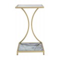 Art deco príručný stolík Aurelio so zlatou kovovou konštrukciou a obdĺžnikovými sklenenými doskami s mramorovým dizajnom 60 cm