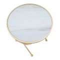 Art deco príručný stolík Amadora so zlatou kovovou konštrukciou a okrúhlou bielou sklenenou doskou s mramorovým efektom 50 cm