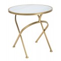 Art deco príručný stolík Amadora so zlatou kovovou konštrukciou a okrúhlou bielou sklenenou doskou s mramorovým efektom 50 cm