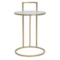 Art deco príručný stolík Amadora s elegantnou zlatou kovovou konštrukciou s oblými tvarmi a bielou sklenenou doskou s jemným mramorovým vzorom
