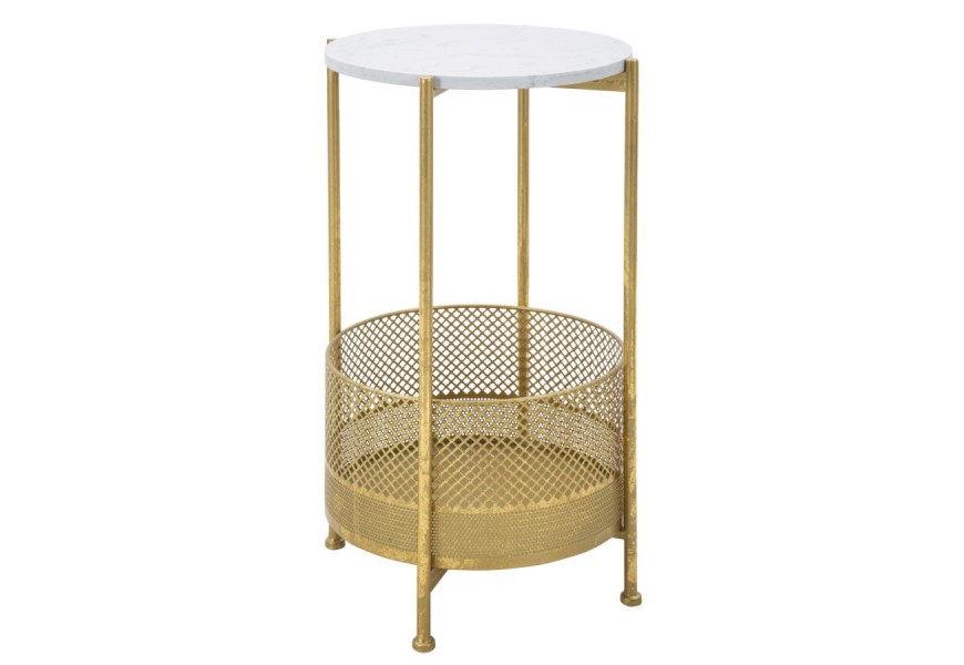 Glamour príručný stolík Amadora s okrúhlou mramorovou doskou a zlatou kovovou konštrukciou s úložným priestorom v podobe koša