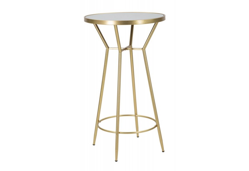 Glamour barový stôl Benny v okrúhlom tvare s vrchnou doskou so zrkadlom a nožičkami so zlomom a spojovacou kruhovou tyčou z kovu v zlatej farbe