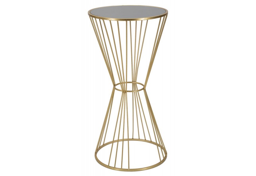 Art deco okrúhly kovový zlatý príručný stolík Samer s nohou v tvare presýpacích hodín s vrchnou čiernou sklenenou doskou 100 cm