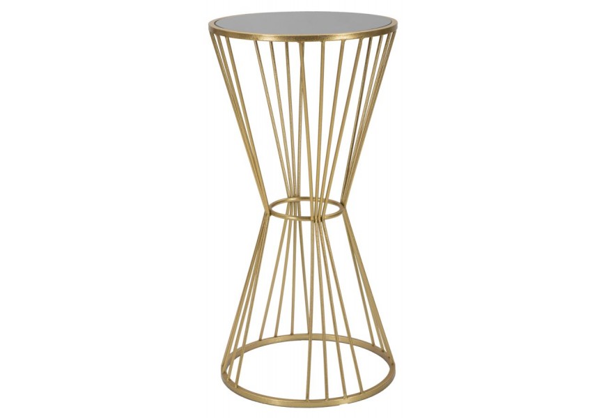 Glamour príručný stolík Samer v okrúhlom tvare s vrchnou doskou zo skla v čiernej farbe s nohou v tvare presýpacích hodín s tyčami a kruhovou spojnicou z kovu v zlatej farbe