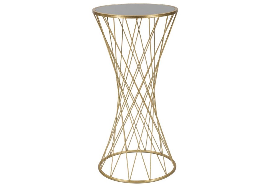 Art deco okr&uacute;hly kovov&yacute; zlat&yacute; pr&iacute;ručn&yacute; stol&iacute;k Lina s prepletanou oblou nohou s vrchnou zrkadlovou doskou 80 cm