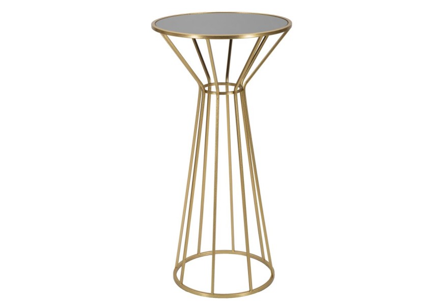 Art deco okrúhly zlatý kovový príručný stolík Melinda s nohou s tyčami a vrchnou sklenenou lesklou doskou 100 cm