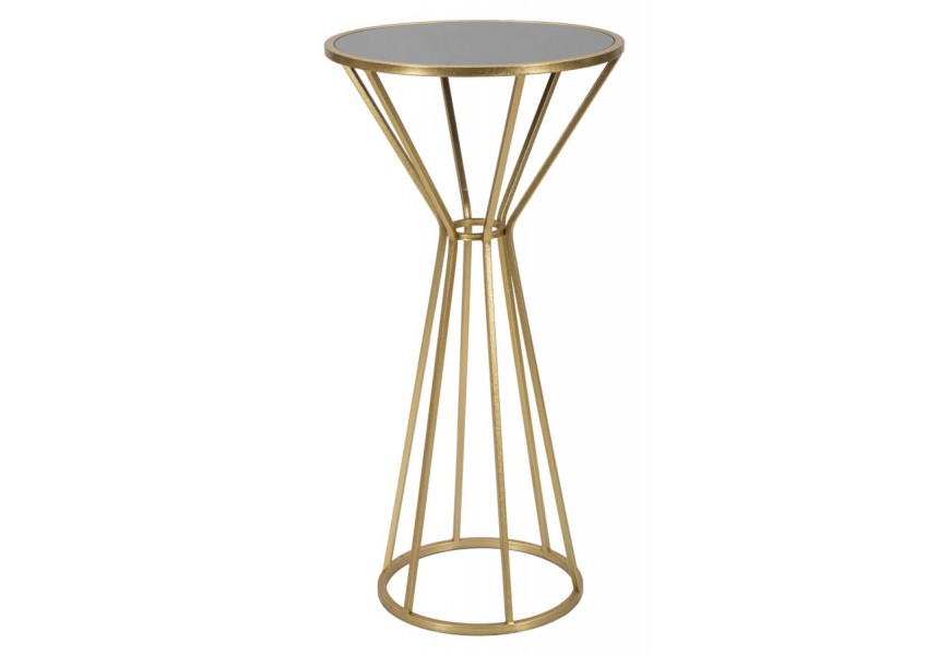 Glamour príručný stolík Melinda s nohou v zlatej farbe z kovu so zalomenými tyčami a okrúhlou spojnicou s vrchnou doskou v tmavej čiernej farbe zo skla