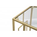 Art deco obdĺžnikový zlatý kovový geometrický príručný stolík Magnus s vrchnou sklenenou priehľadnou doskou 60 cm