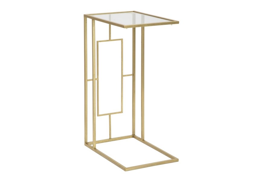Art deco obdĺžnikový zlatý kovový geometrický príručný stolík Magnus s vrchnou sklenenou priehľadnou doskou 60 cm