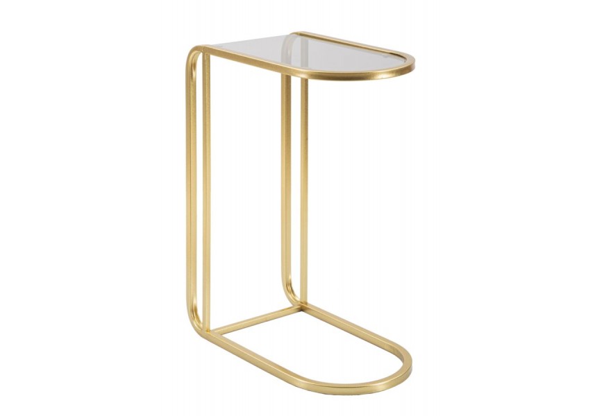 Glamour príručný stolík Magnus v obdĺžnikovom tvare so zaoblenými rohmi v zlatej farbe z kovu s vrchnou doskou z priehľadného skla v sivej farbe