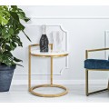 Dizajnový glamour biely príručný stolík Aurelia okrúhleho tvaru s mramorovým vzorom so zlatou konštrukciou 50 cm