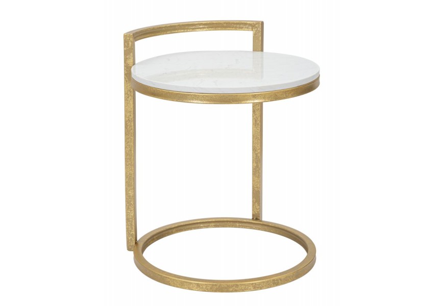 Dizajnový art deco biely príručný stolík Aurelia okrúhleho tvaru s mramorovým vzorom so zlatou konštrukciou s patinovaným efektom
