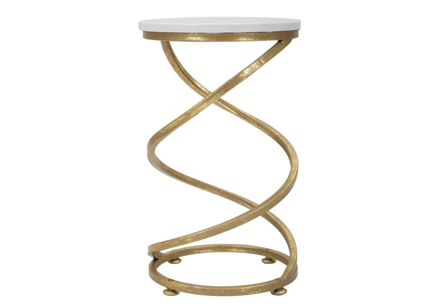 Dizajnový art deco okrúhly príručný stolík Vortex s bielou vrchnou doskou s mramorovým efektom so špirálovou kovovou konštrukciou v zlatej farbe s patinovaným povrchom