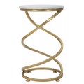 Dizajnový art deco okrúhly príručný stolík Vortex s bielou vrchnou doskou s mramorovým efektom so špirálovou kovovou konštrukciou v zlatej farbe s patinovaným povrchom