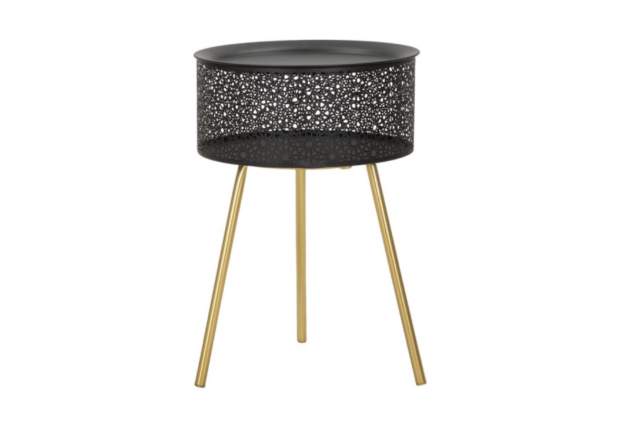 Dizajnový glamour čierny príručný stolík Amira s odnímateľnou okrúhlou vrchnou doskou s okrúhlym úložným priestorom s ornamentálnou perforáciou so zlatými nožičkami