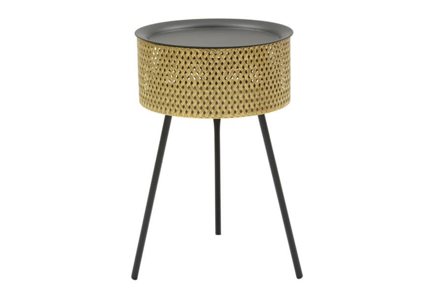 Dizajnový glamour príručný stolík Zafira v zlatej farbe okrúhleho tvaru s odnímateľnou vrchnou doskou s úložným priestorom s kosoštvorcovou perforáciou s čiernymi nožičkami