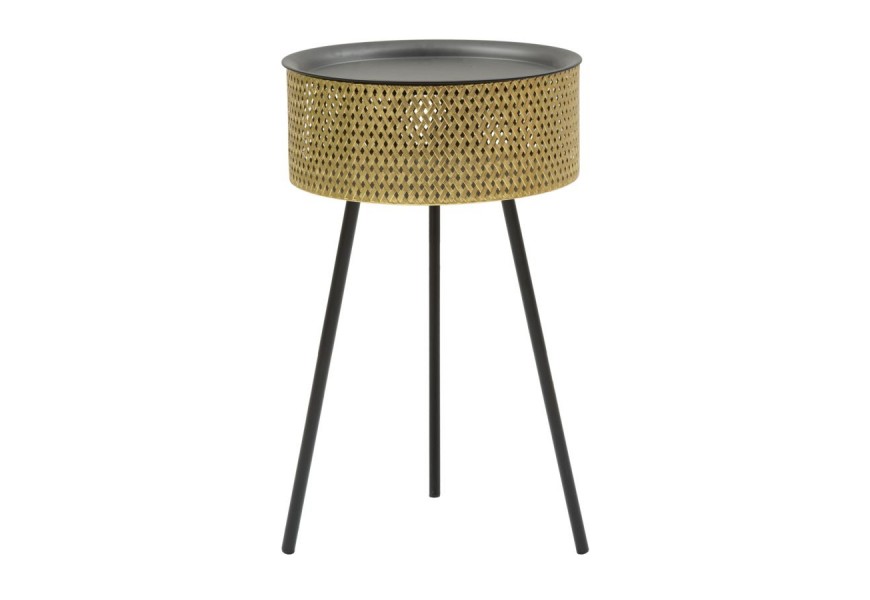Dizajnový glamour príručný stolík Zafira v zlatej farbe okrúhleho tvaru s odnímateľnou vrchnou čiernou doskou s úložným priestorom s diamantovou perforáciou s čiernymi nožičkami
