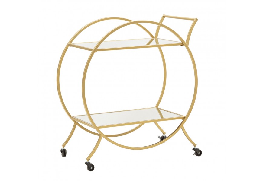 Dizajnový glamour zlatý servírovací vozík Orbis s okrúhlou kovovou konštrukciou na kolieskach s dvomi zrkadlovými policami 78 cm