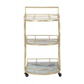 Dizajnový glamour zlatý servírovací vozík Mirage geometrických tvarov na kolieskach s troma sivými mramorovými policami 85 cm