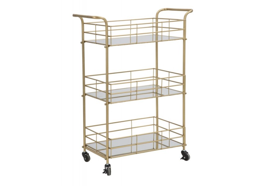 Glamour zlatý servírovací vozík Odessa obdĺžnikového tvaru s troma poličkami so zrkadlami na kolieskach 80 cm